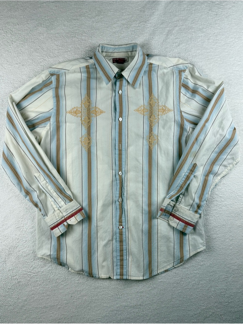 Guess Men’s Vintage Western Style Striped Embroidered Cross Shirt Size Large